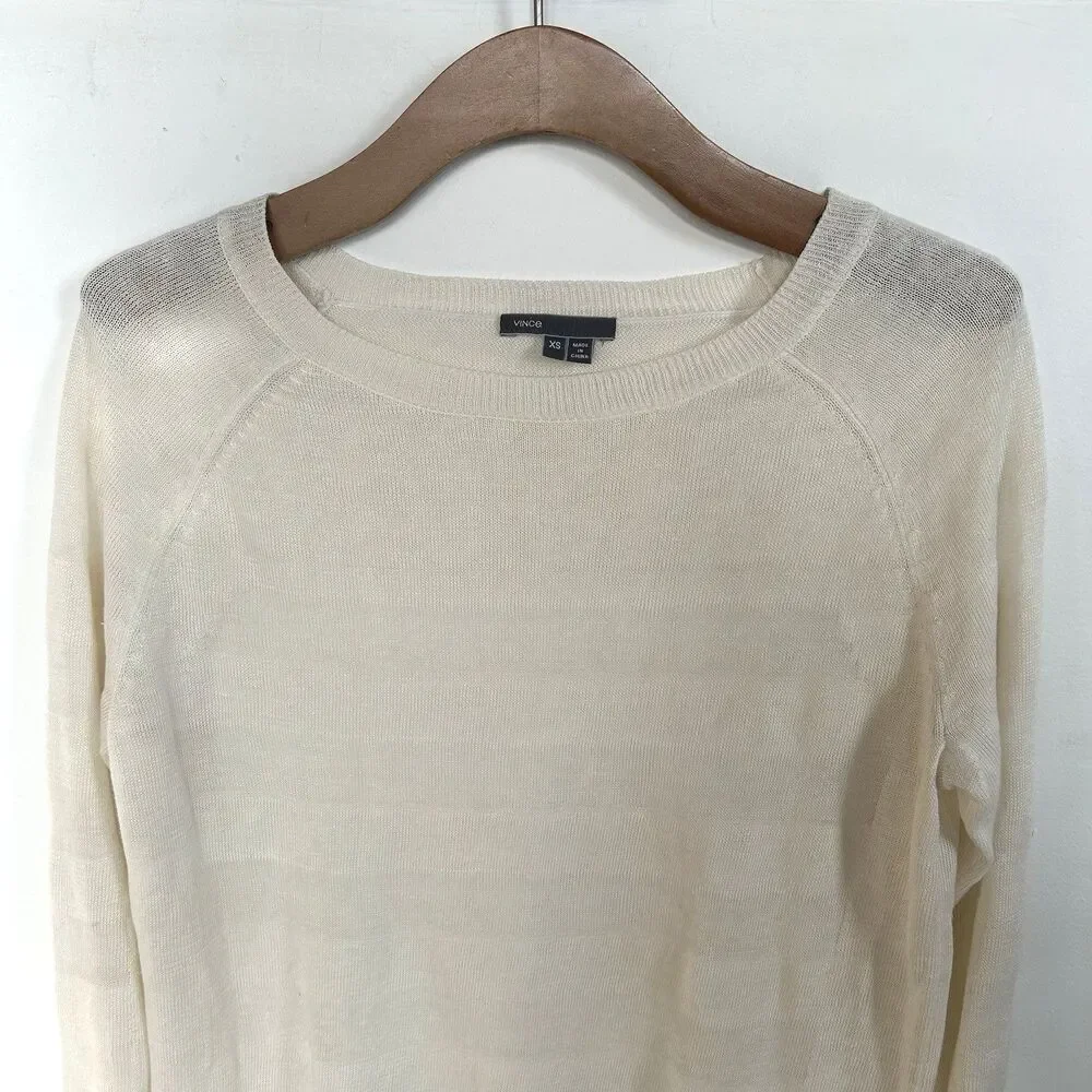 Vince Round Neck Raglan Sleeve Light Linen L/S Sweater Semi Sheer Stripes Sz XS